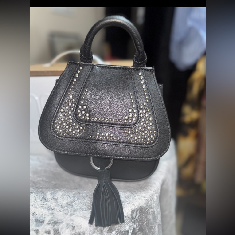 American Eagle black leather Silver Studs/Tassel top handle mini satchel - Picture 10 of 10